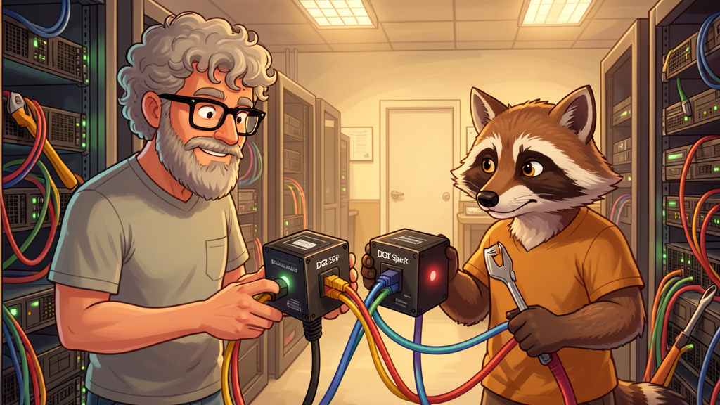 James and Milo connecting two DGX Spark nodes with a high-speed cable.