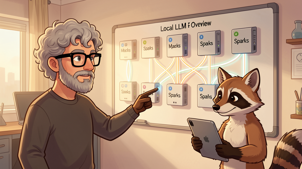 James and Milo reviewing a wall topology of the local LLM fleet.