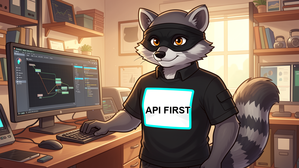 Milo wearing a shirt panel with deterministic API FIRST text composited after generation.