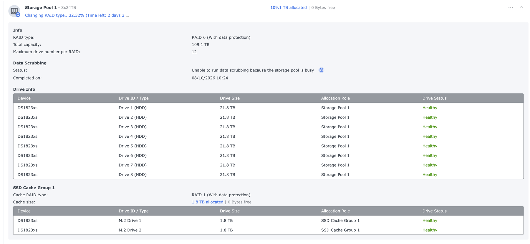 Historical August 15 Storage Pool 1 mid RAID type change at about 32 percent.