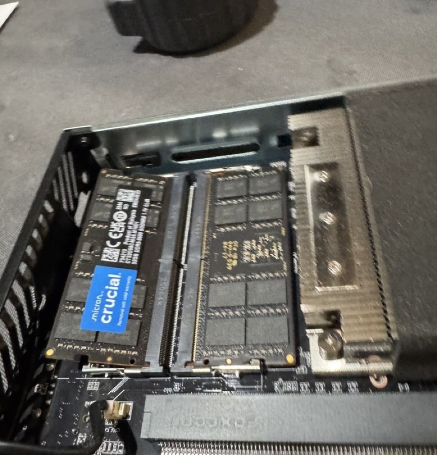 Two Crucial 32GB DDR5 SODIMMs seated in MS-01