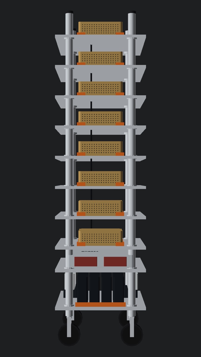 Front view of GhettoRak: eight Sparks stacked on wire, gold intakes facing the operator.