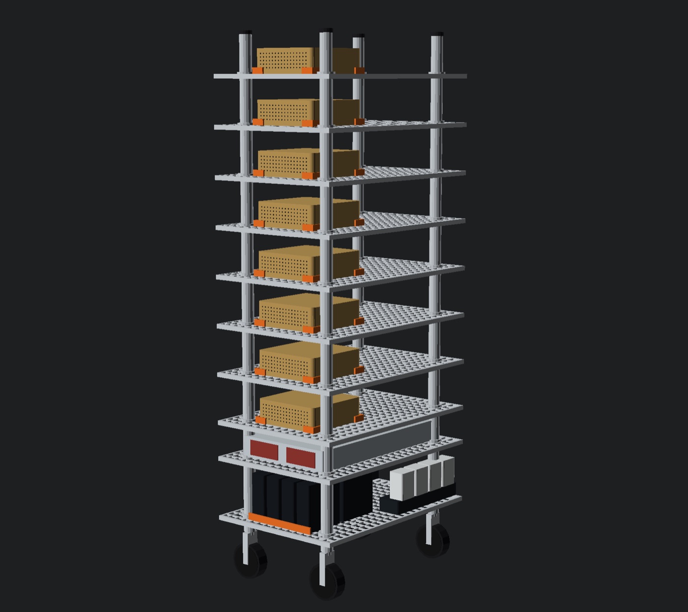 OpenSCAD isometric of GhettoRak: eight gold DGX Sparks on separate chrome wire shelves, CRS804 below, two rows of standing power bricks on the base, four posts on 3-inch rubber casters.