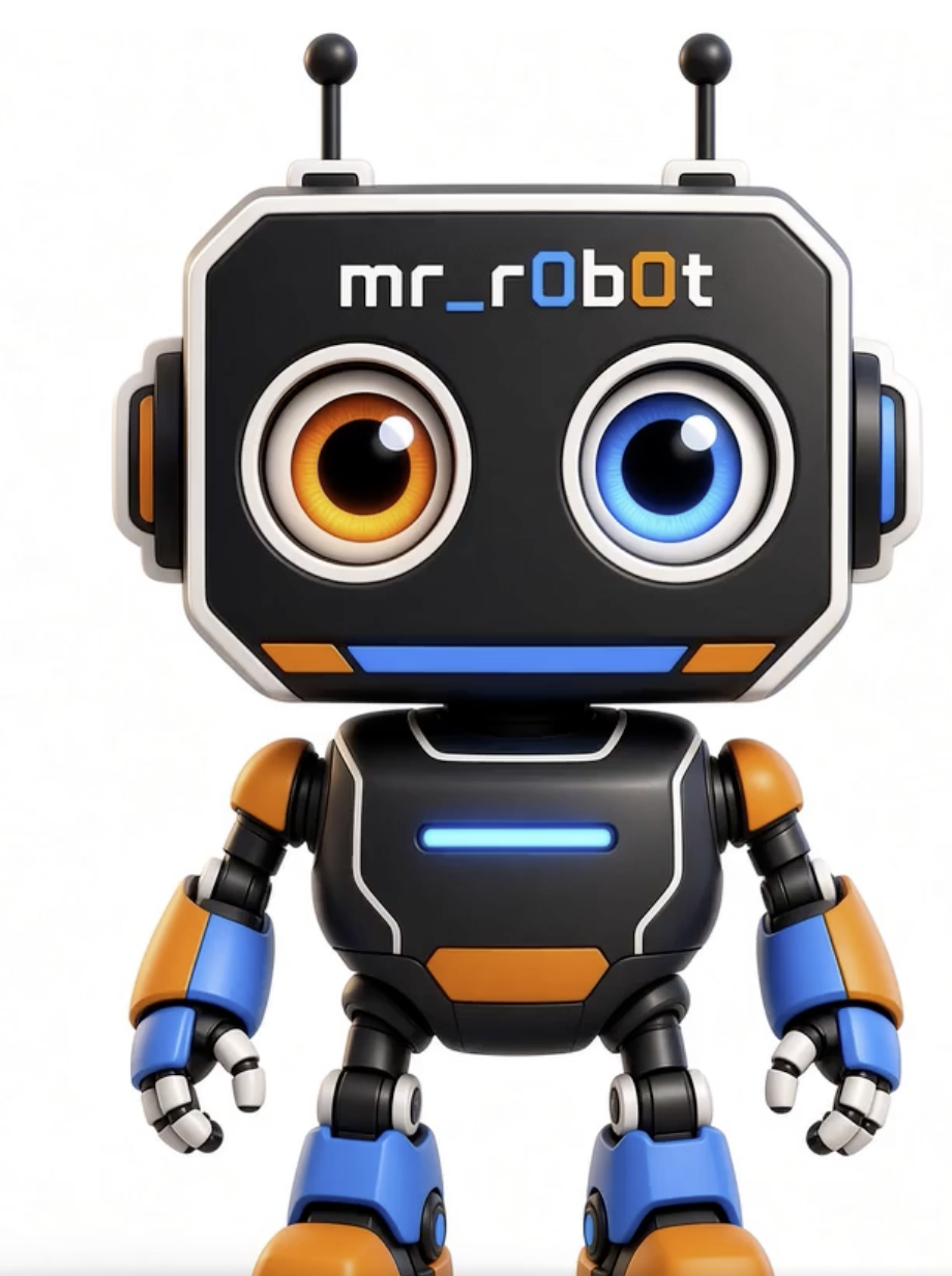 The mr_r0b0t source artwork: a friendly black robot with orange and blue eyes and accents on a white background.