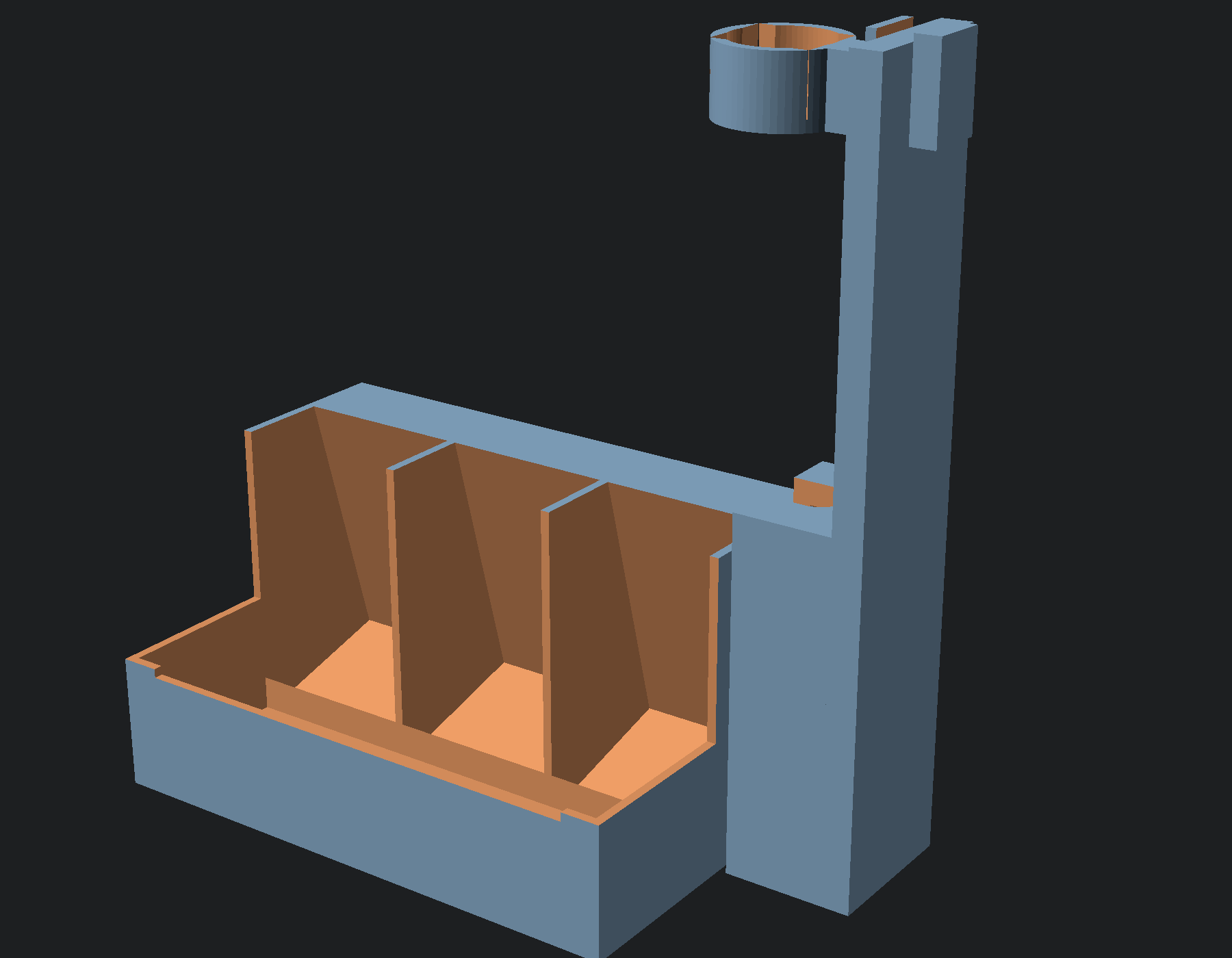OpenSCAD render: three angled bins with a front swab tray, drawing-station tower on the right with vial cradle