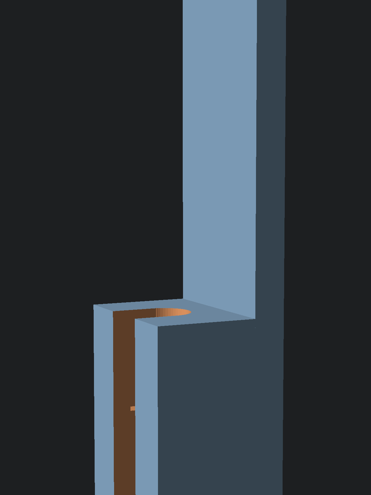 OpenSCAD render of the drawing-station tower part alone, showing the open-front syringe channel