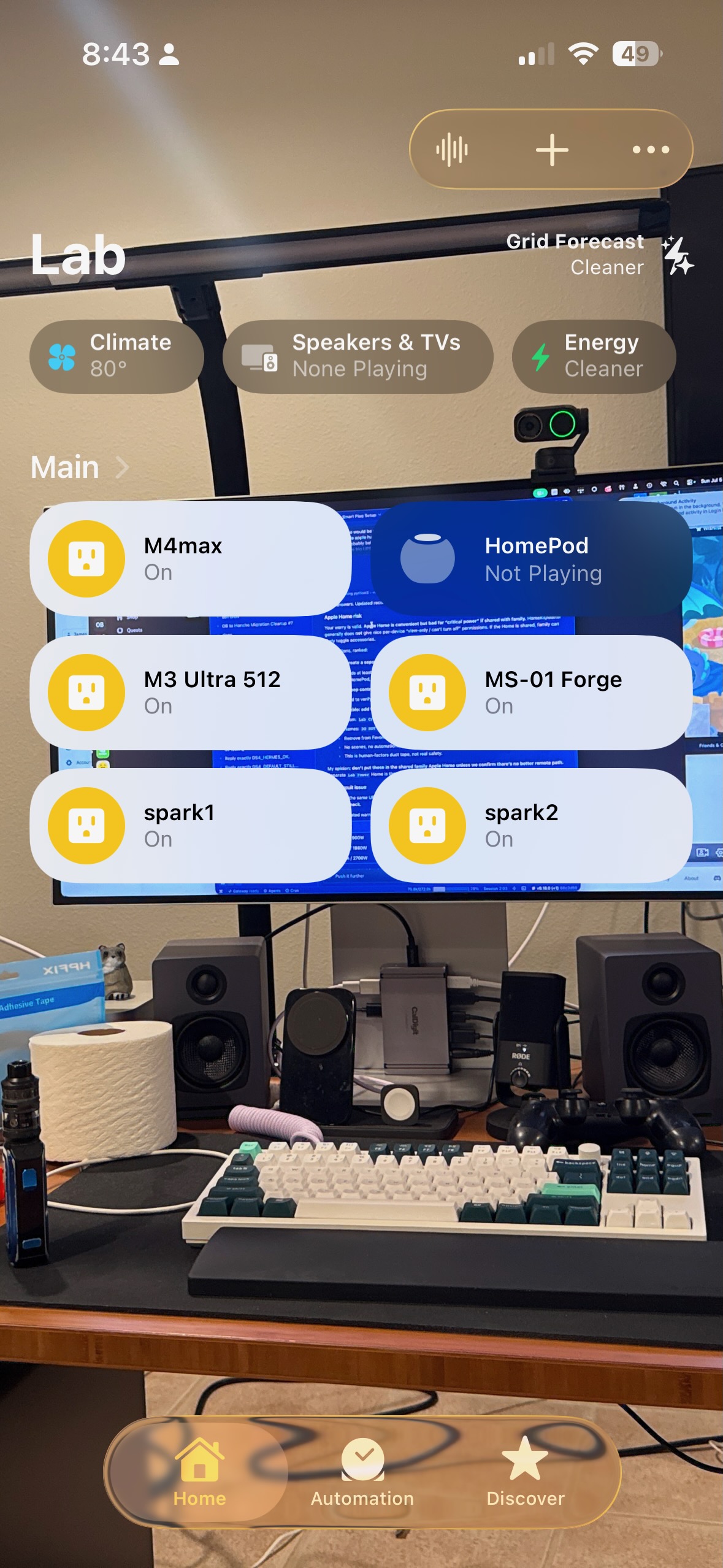 Original Apple Home Lab screenshot showing five existing smart-plug device names and states.